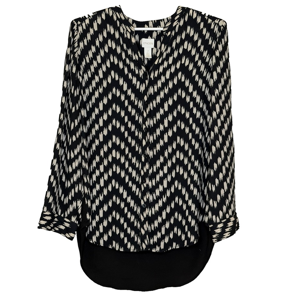 Chico's Button Up Tunic Top Womens Size 2 Black Tan Chevron Long Sleeve V-Neck
